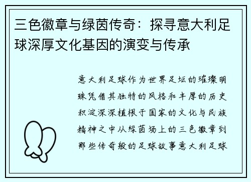 三色徽章与绿茵传奇：探寻意大利足球深厚文化基因的演变与传承