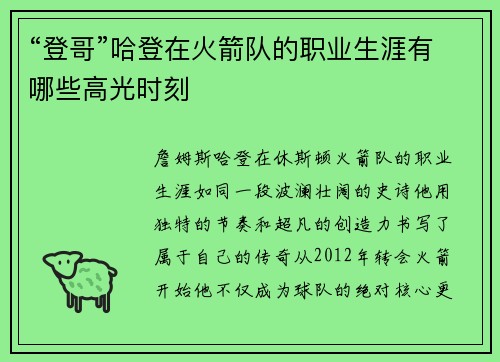 “登哥”哈登在火箭队的职业生涯有哪些高光时刻